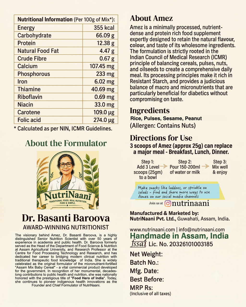 Amez nutritional information and about the formulator Dr. Basanti Baroova