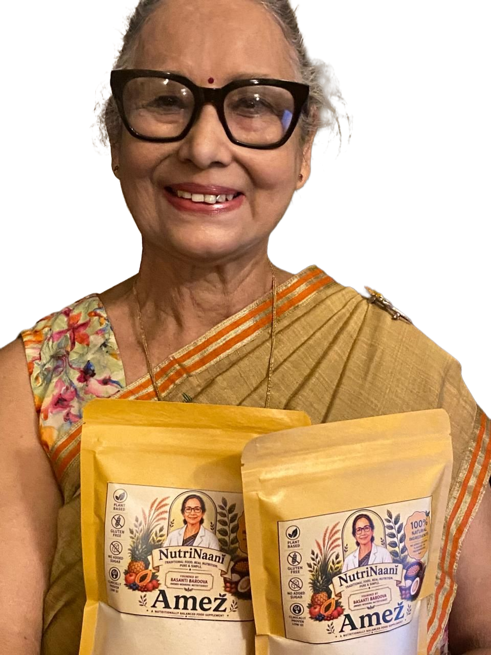 Dr. Basanti Baroova holding Amez packs